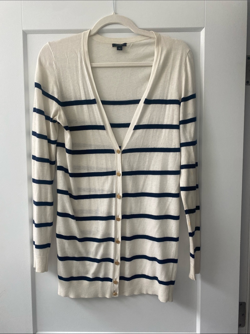 Ann Taylor Cream and Navy Striped Button-Front Cardigan